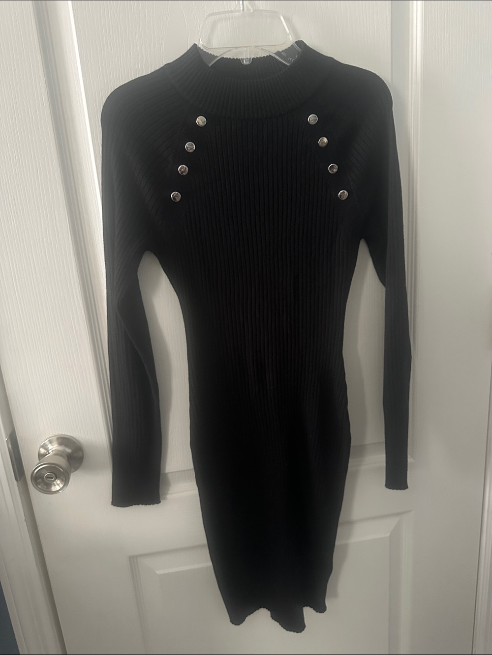 Black Ribbed Long Sleeve Knit Dress with Button Detail